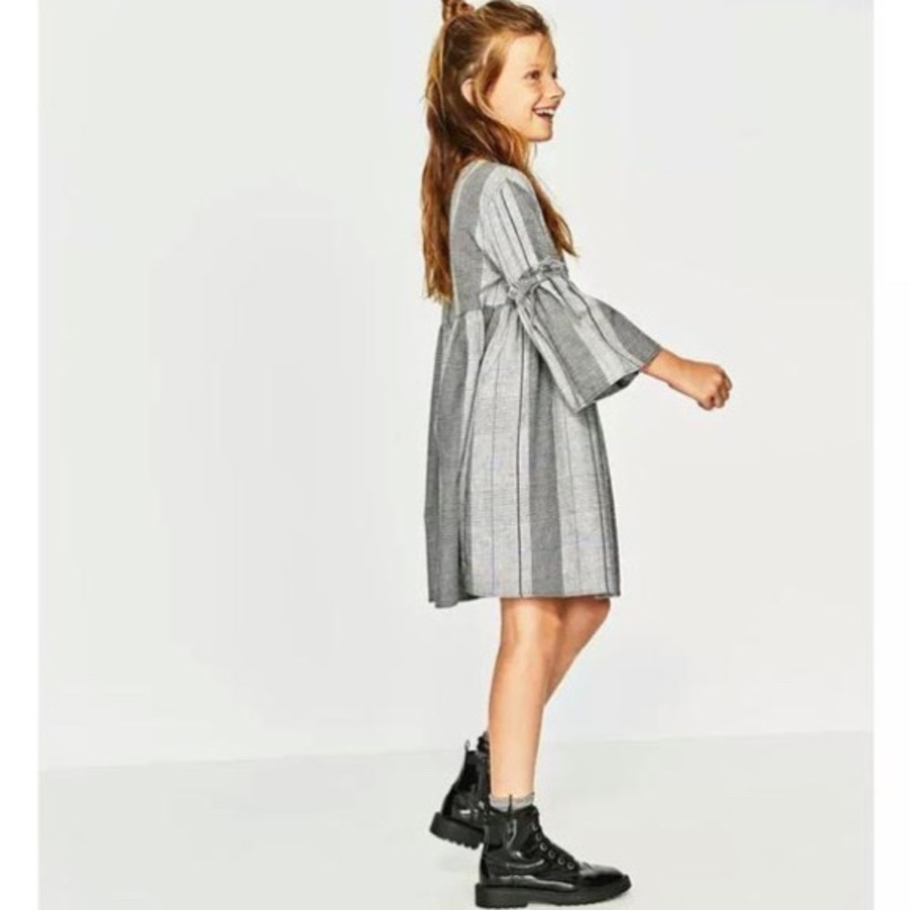 Zara Cotton Plaid Houndstooth Tie Sleeve Dress Size 9